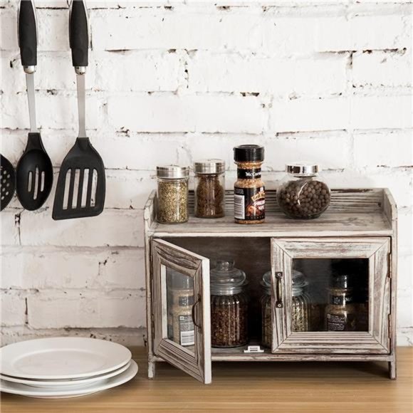 Solid Torched Wood Countertop Storage Cabinet with 2 Glass Window Doors - Picture 6 of 6